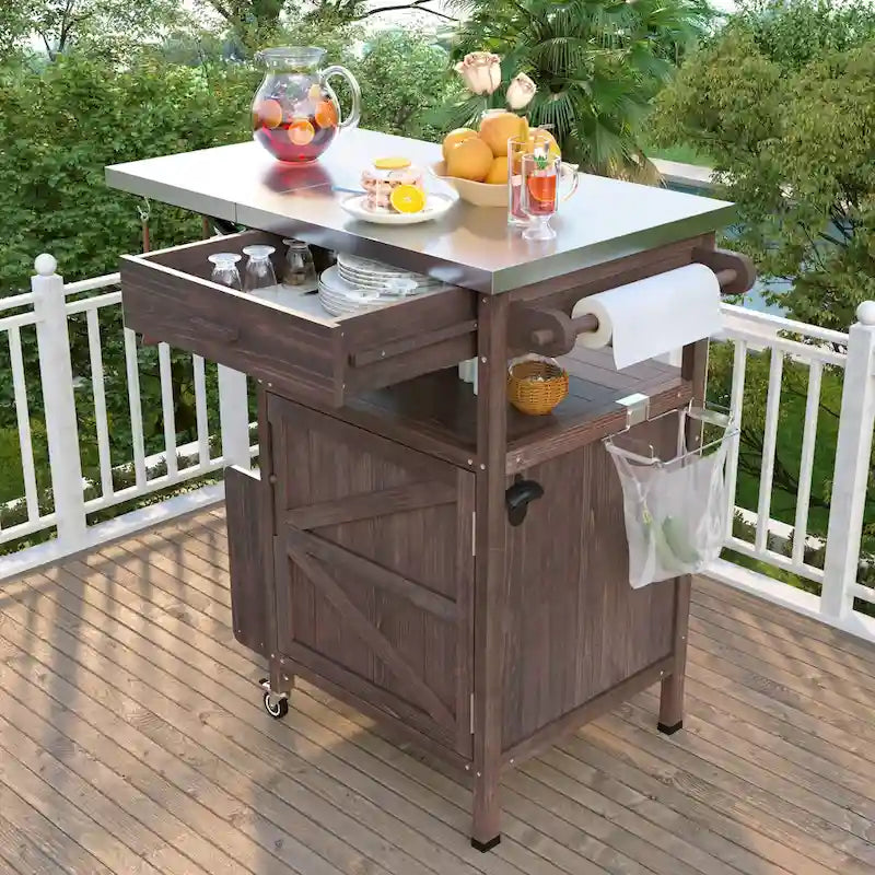 40.5" Outdoor Grill Cart with Stainless Steel Top and Drop Leaf, Rolling BBQ Prep Cart with Storage Cabinet and Wheels