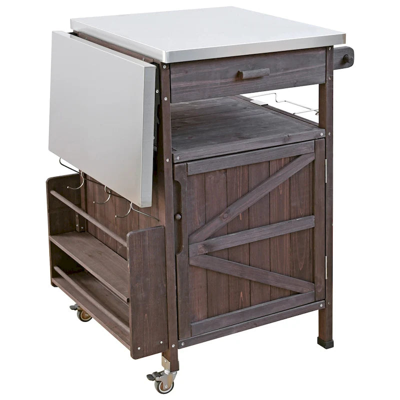 40.5" Outdoor Grill Cart with Stainless Steel Top and Drop Leaf, Rolling BBQ Prep Cart with Storage Cabinet and Wheels