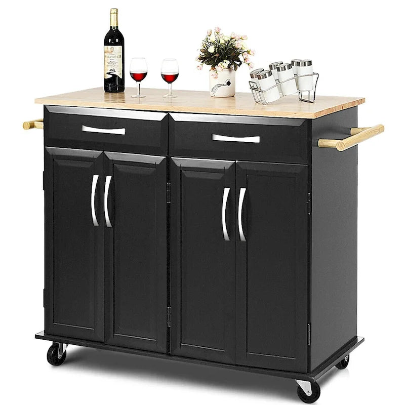 Rolling Kitchen Trolley Island Cart with Wood Top and Storage