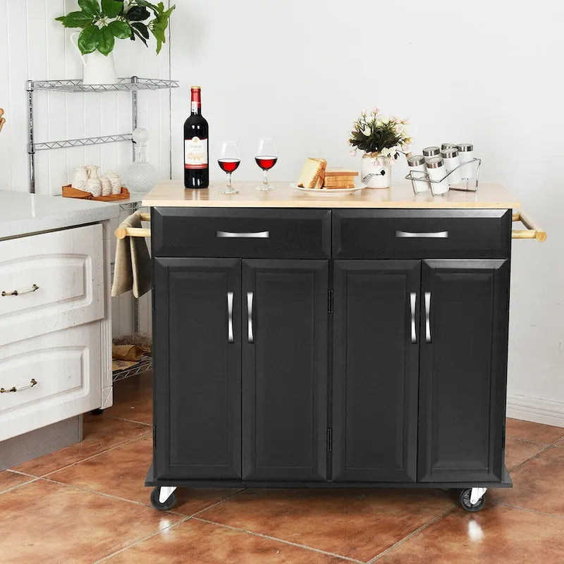 Rolling Kitchen Trolley Island Cart with Wood Top and Storage