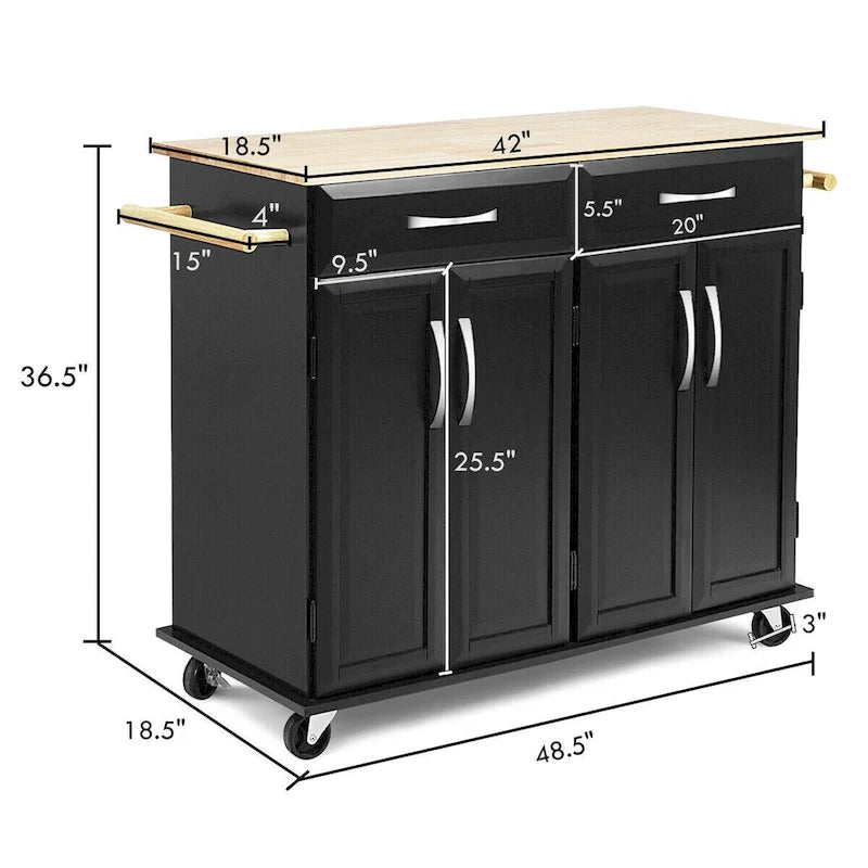 Rolling Kitchen Trolley Island Cart with Wood Top and Storage