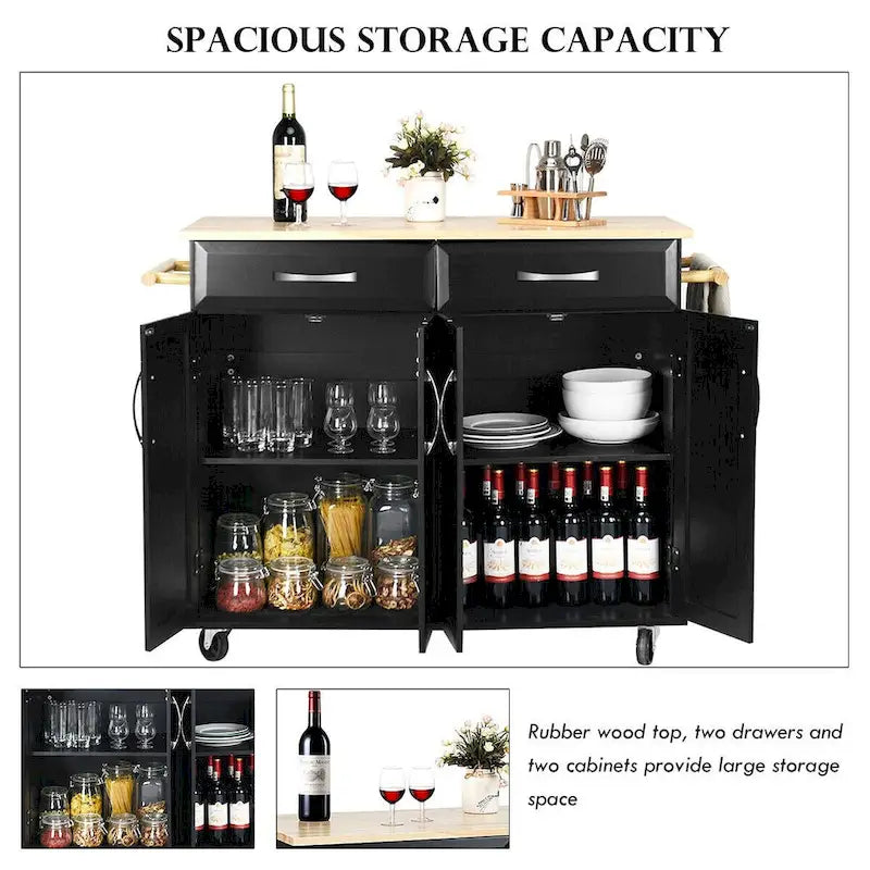 Rolling Kitchen Trolley Island Cart with Wood Top and Storage