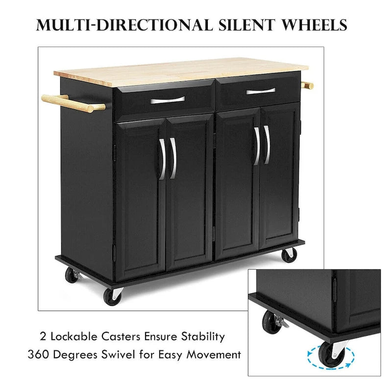 Rolling Kitchen Trolley Island Cart with Wood Top and Storage