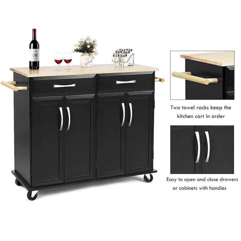 Rolling Kitchen Trolley Island Cart with Wood Top and Storage