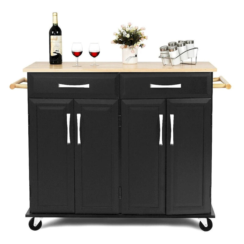 Rolling Kitchen Trolley Island Cart with Wood Top and Storage