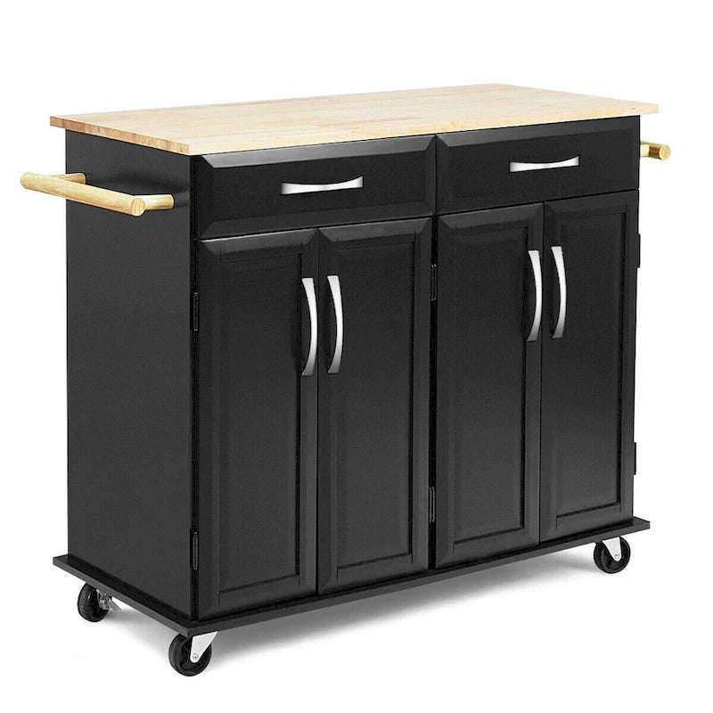 Rolling Kitchen Trolley Island Cart with Wood Top and Storage