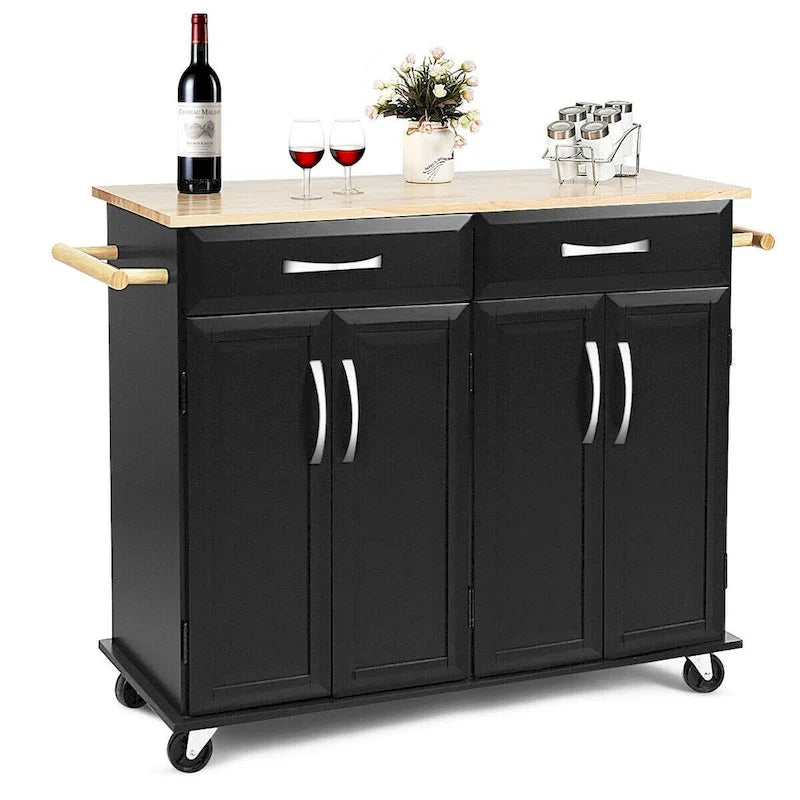 Rolling Kitchen Trolley Island Cart with Wood Top and Storage