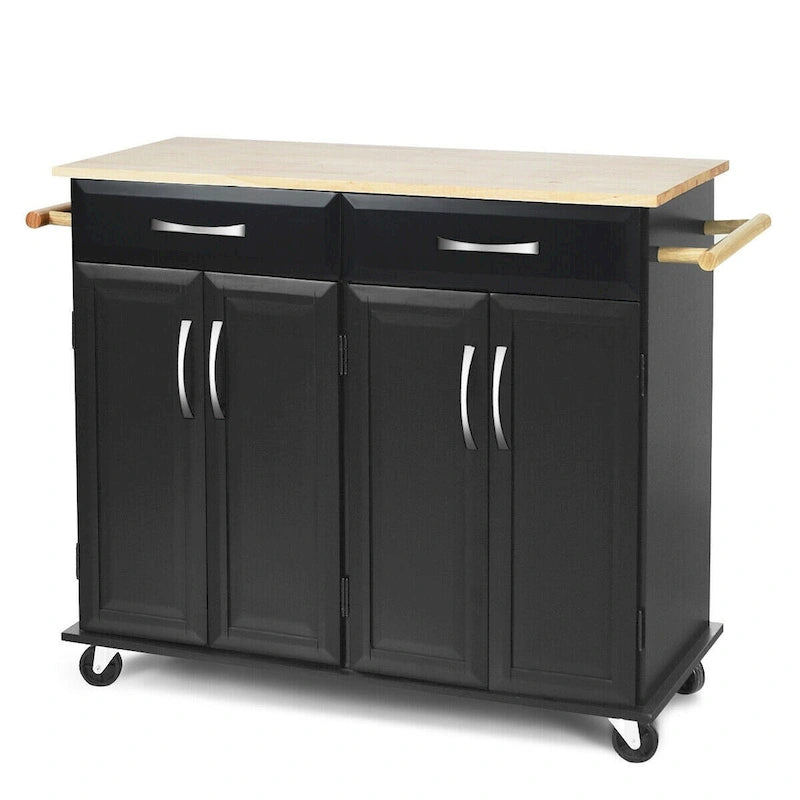 Rolling Kitchen Trolley Island Cart with Wood Top and Storage