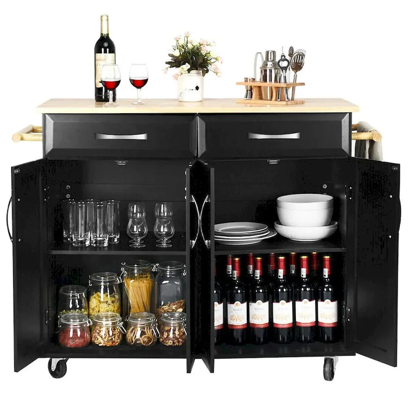 Rolling Kitchen Trolley Island Cart with Wood Top and Storage