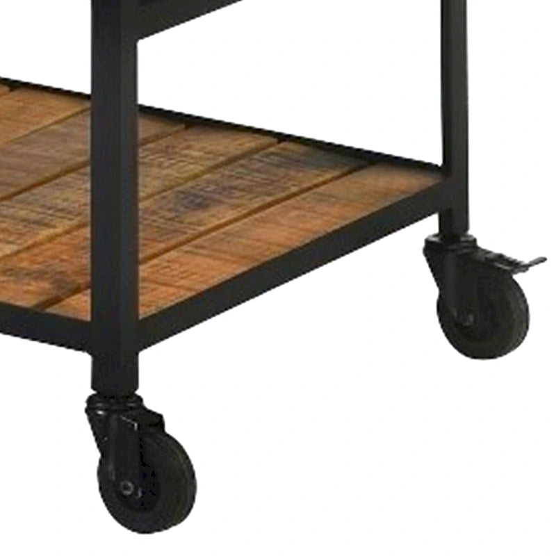 39 Inch Storage Cart with Lockable Caster Wheels and Wood Grain Bottom Shelf, Black