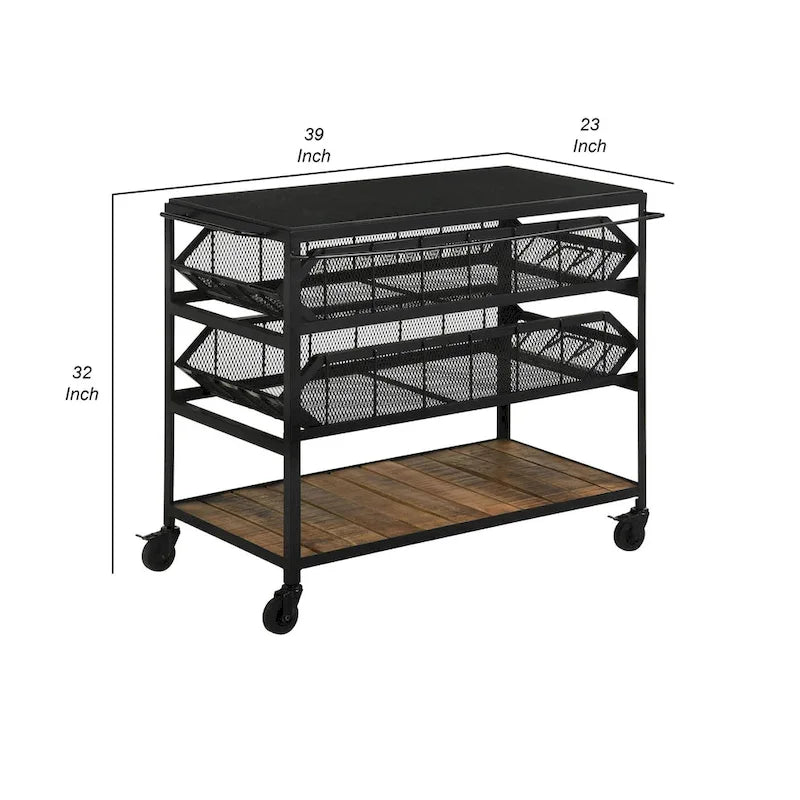 39 Inch Storage Cart with Lockable Caster Wheels and Wood Grain Bottom Shelf, Black