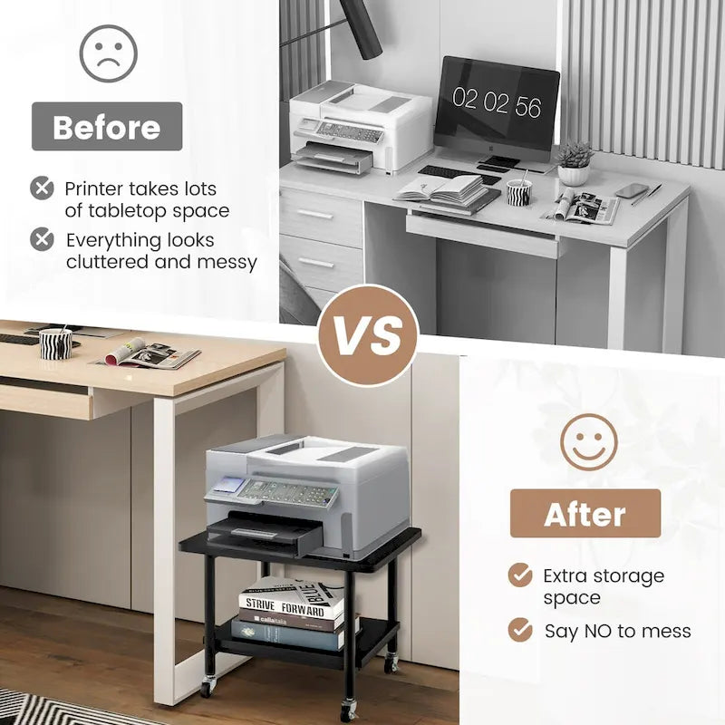 2-Tier Mobile Printer Stand with Storage Shelf and 4 Wheels