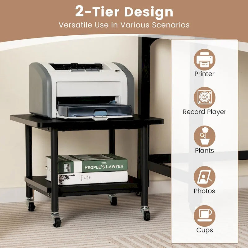 2-Tier Mobile Printer Stand with Storage Shelf and 4 Wheels