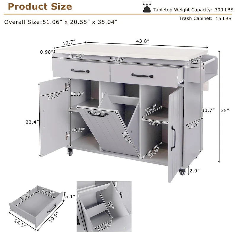 Kitchen Island with Trash Can Storage Cabinet