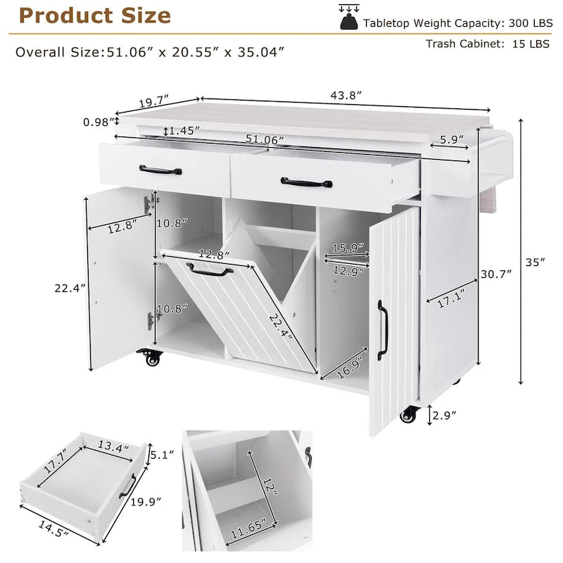 Kitchen Island with Trash Can Storage Cabinet