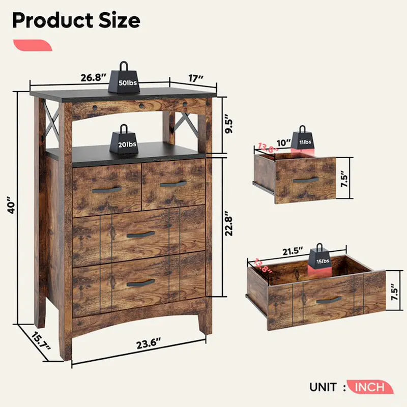 Living Room Storage Cabinet with 2 Shelves and 4 Drawers, Dark Brown