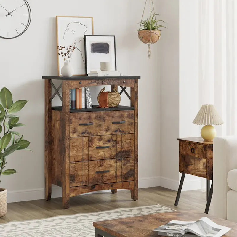 Living Room Storage Cabinet with 2 Shelves and 4 Drawers, Dark Brown