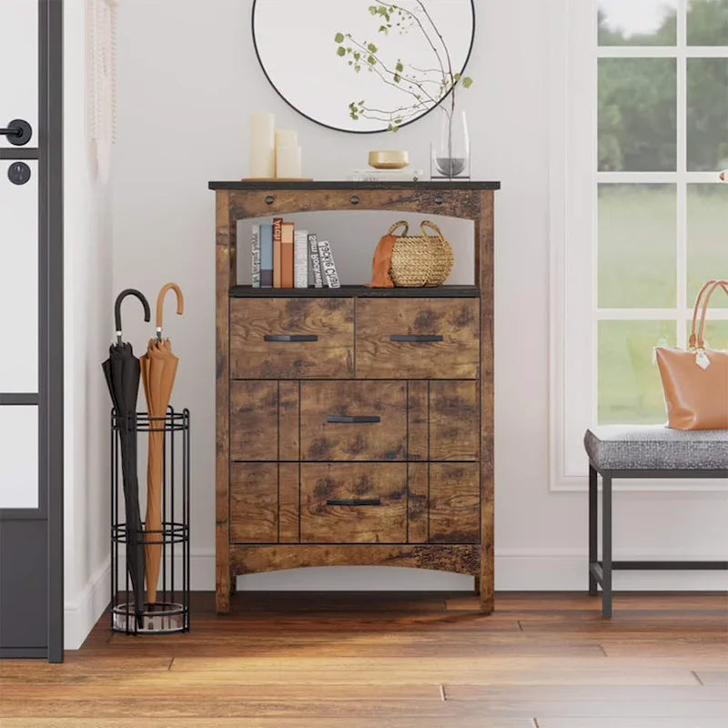 Living Room Storage Cabinet with 2 Shelves and 4 Drawers, Dark Brown
