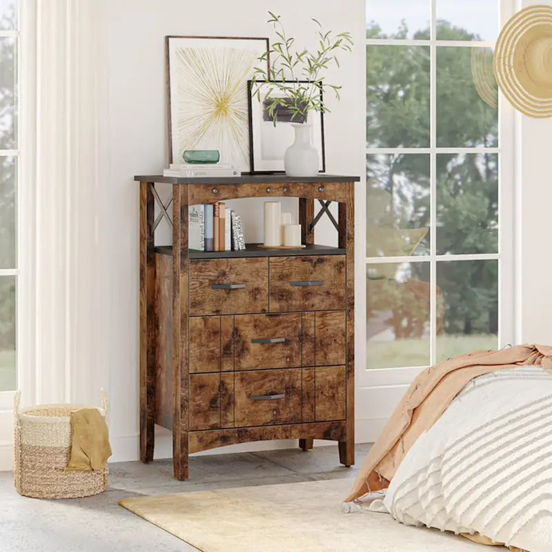 Living Room Storage Cabinet with 2 Shelves and 4 Drawers, Dark Brown