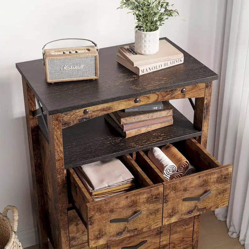 Living Room Storage Cabinet with 2 Shelves and 4 Drawers, Dark Brown