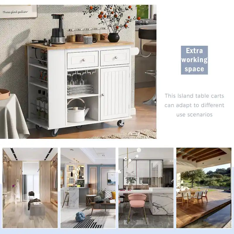 Adjustable Shelves Kitchen Island with Power Outlet and Drop Leaf