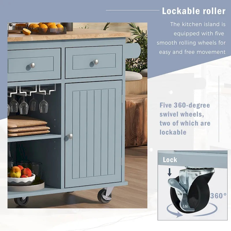 Adjustable Shelves Kitchen Island with Power Outlet and Drop Leaf
