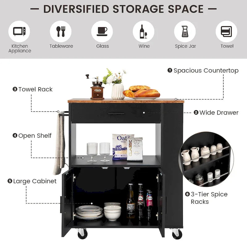 Kitchen Island Cart Rolling Storage Cabinet with Drawer, Rack and Shelf