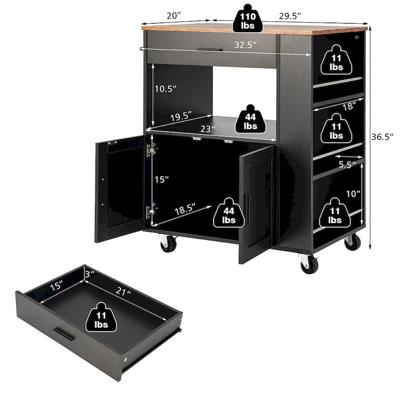 Kitchen Island Cart Rolling Storage Cabinet with Drawer, Rack and Shelf