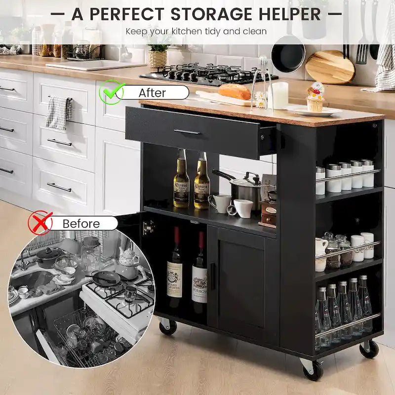 Kitchen Island Cart Rolling Storage Cabinet with Drawer, Rack and Shelf