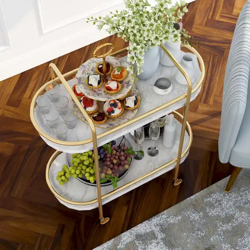 Contemporary White and Gold Faux Marble Two-Tier Serving Cart with Caster Wheels