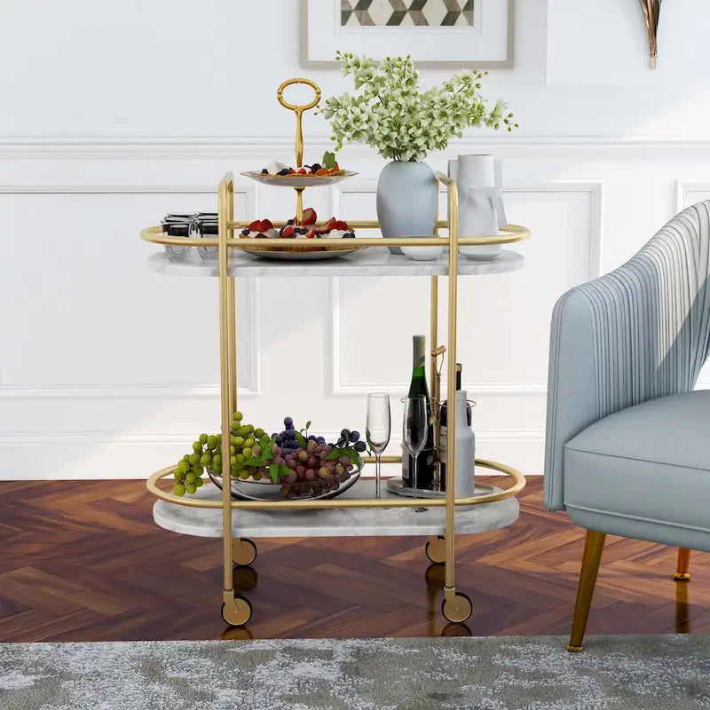 Contemporary White and Gold Faux Marble Two-Tier Serving Cart with Caster Wheels
