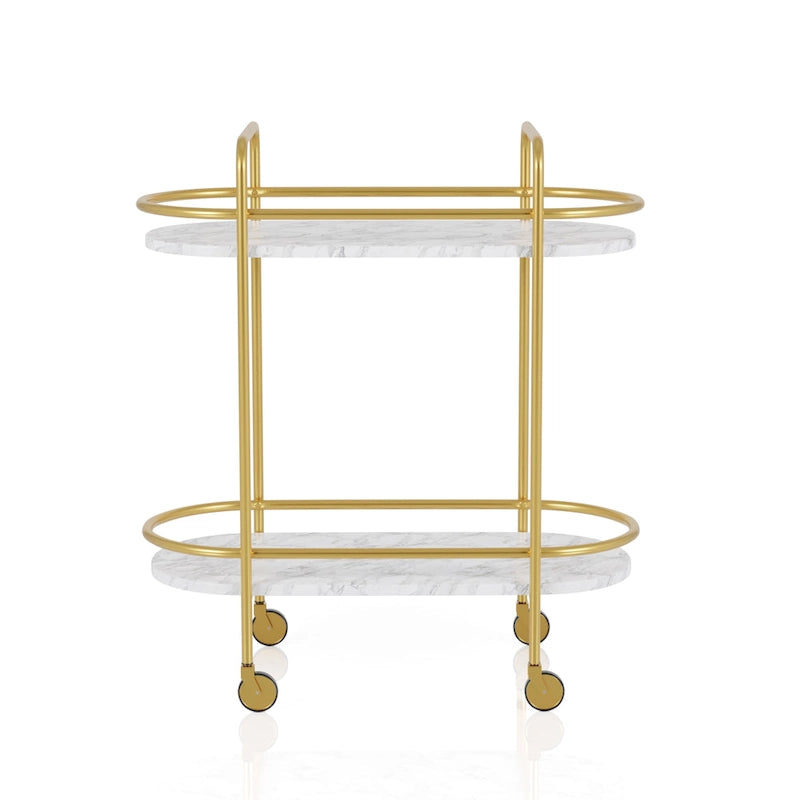 Contemporary White and Gold Faux Marble Two-Tier Serving Cart with Caster Wheels