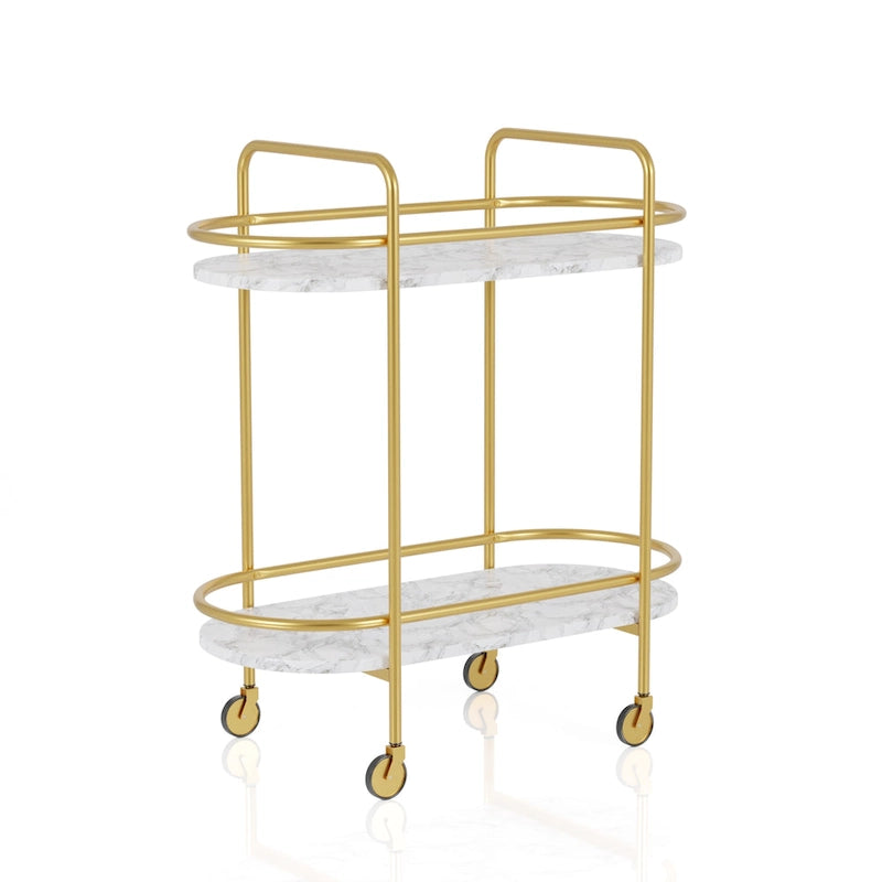 Contemporary White and Gold Faux Marble Two-Tier Serving Cart with Caster Wheels