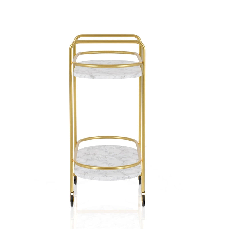 Contemporary White and Gold Faux Marble Two-Tier Serving Cart with Caster Wheels