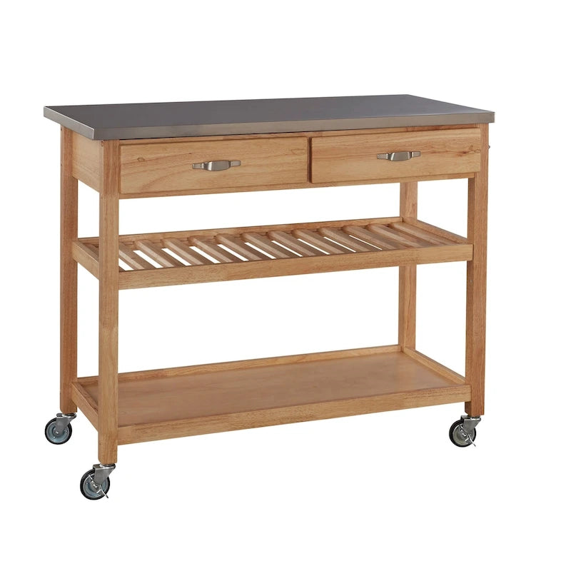 Brown Kitchen Cart with Stainless Steel Top - 44" W x 20.5" D x 36" H