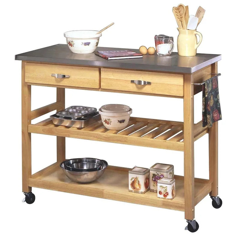 Brown Kitchen Cart with Stainless Steel Top - 44" W x 20.5" D x 36" H