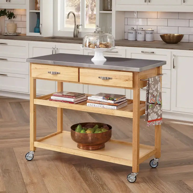 Brown Kitchen Cart with Stainless Steel Top - 44" W x 20.5" D x 36" H