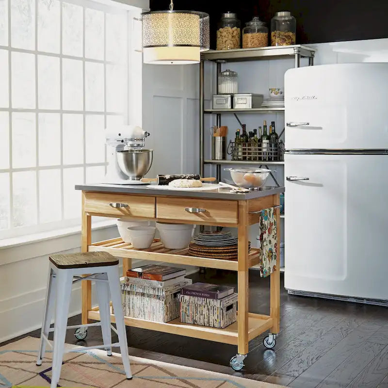 Brown Kitchen Cart with Stainless Steel Top - 44" W x 20.5" D x 36" H