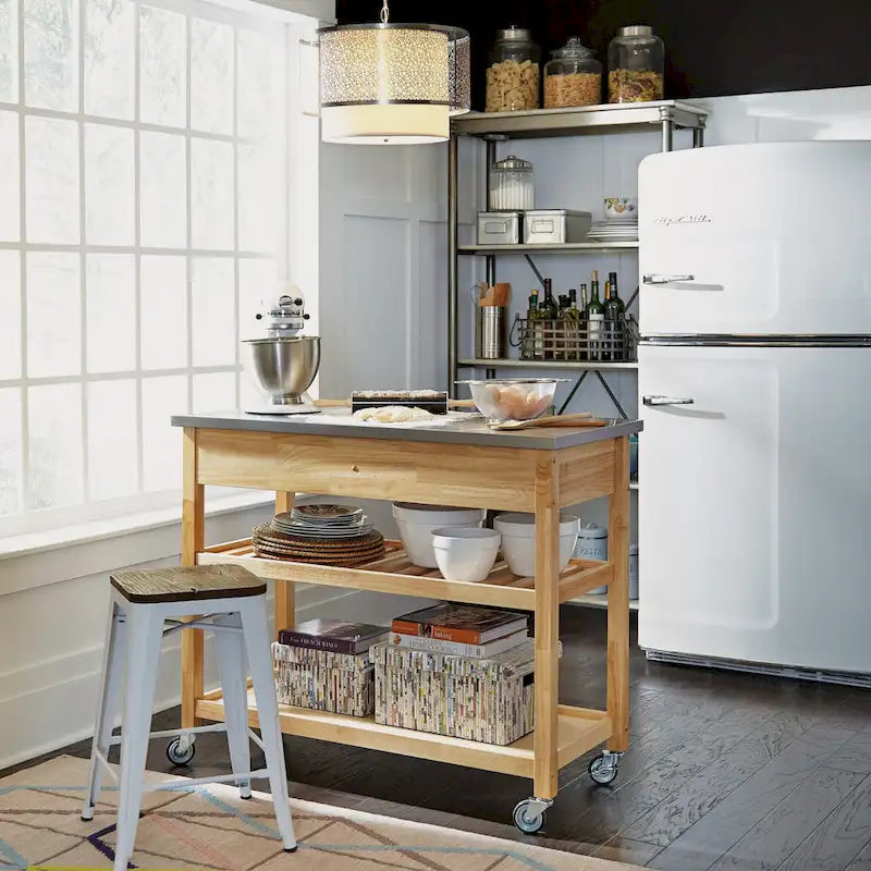 Brown Kitchen Cart with Stainless Steel Top - 44" W x 20.5" D x 36" H