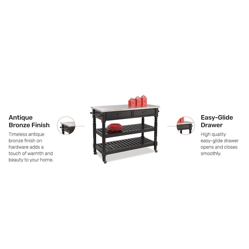 Black Mobile Kitchen Cart with Stainless Steel Top