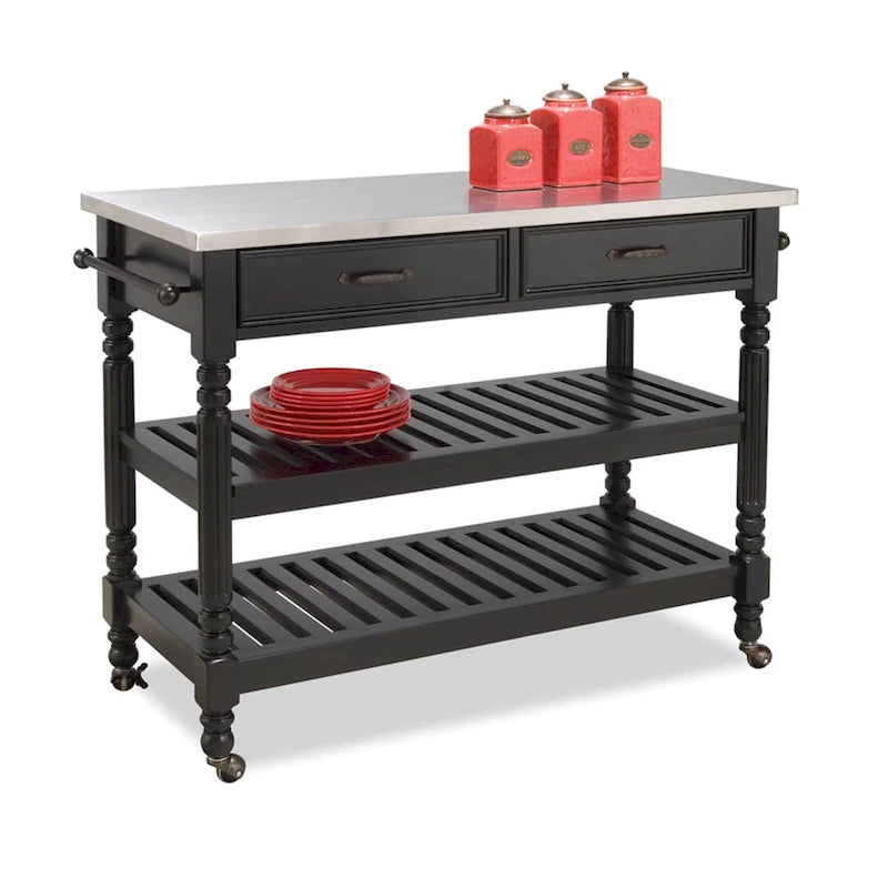 Black Mobile Kitchen Cart with Stainless Steel Top