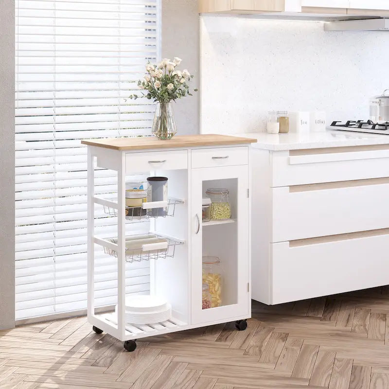 28" White Rolling Kitchen Trolley Serving Cart