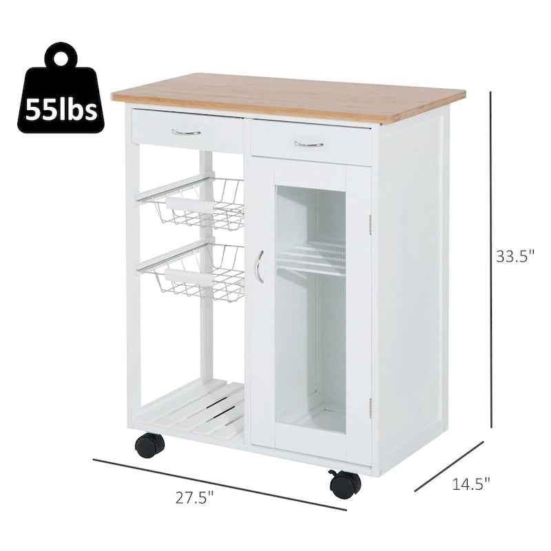 28" White Rolling Kitchen Trolley Serving Cart