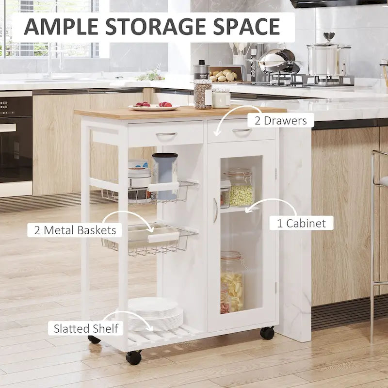 28" White Rolling Kitchen Trolley Serving Cart