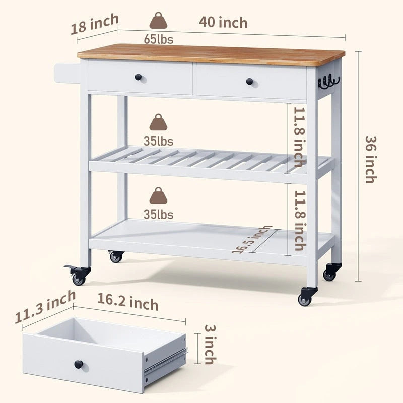 Rolling Kitchen Island Cart with Drawers and Storage Shelves