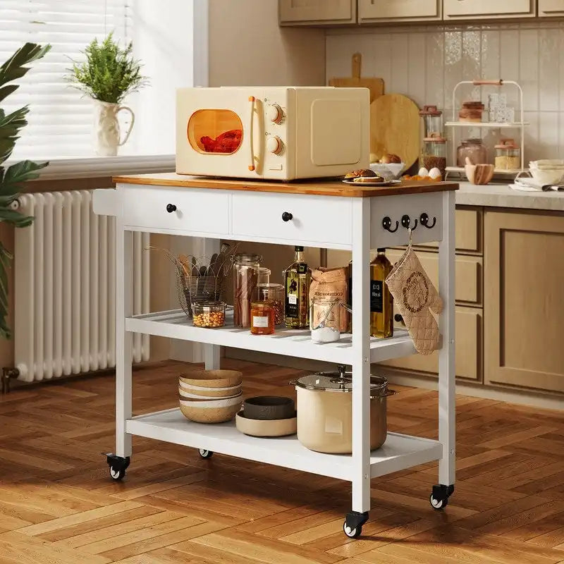 Rolling Kitchen Island Cart with Drawers and Storage Shelves