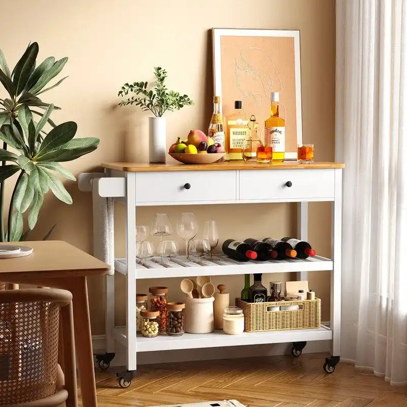 Rolling Kitchen Island Cart with Drawers and Storage Shelves