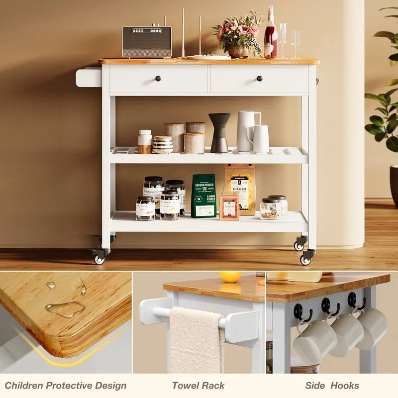 Rolling Kitchen Island Cart with Drawers and Storage Shelves