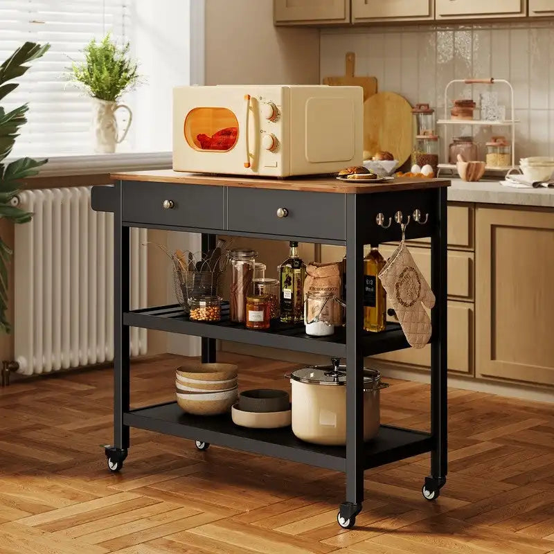 Rolling Kitchen Island Cart with Drawers and Storage Shelves