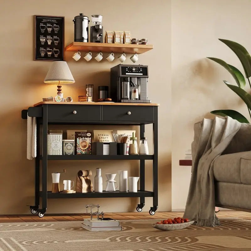 Rolling Kitchen Island Cart with Drawers and Storage Shelves